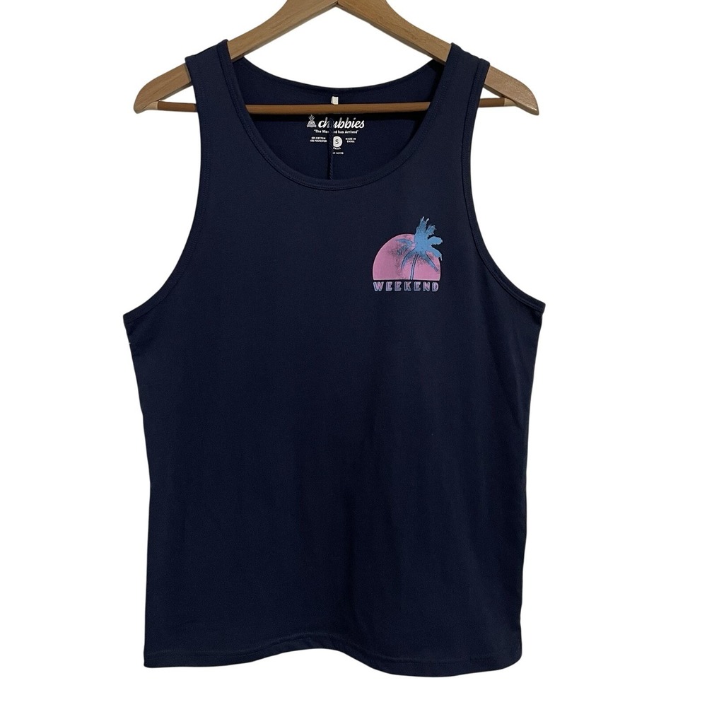 Chubbies Mens Tank Top Size S Navy Palm Tree Sunset Weekend‎ Graphic Tee